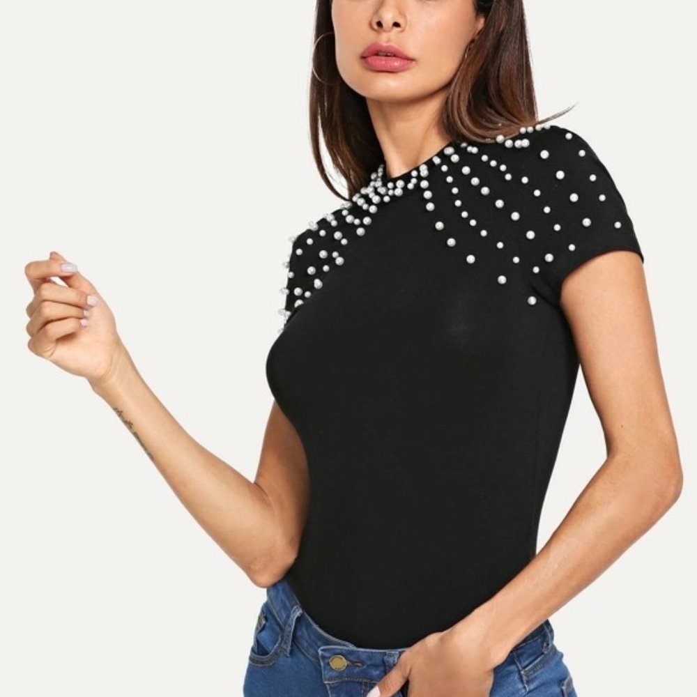 SHEIN fitted top embellished with pearls